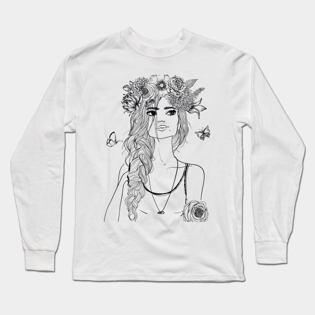 Beautiful Woman line art, black and white summer girl with floral motives Long Sleeve T-Shirt by EquilibriumArt